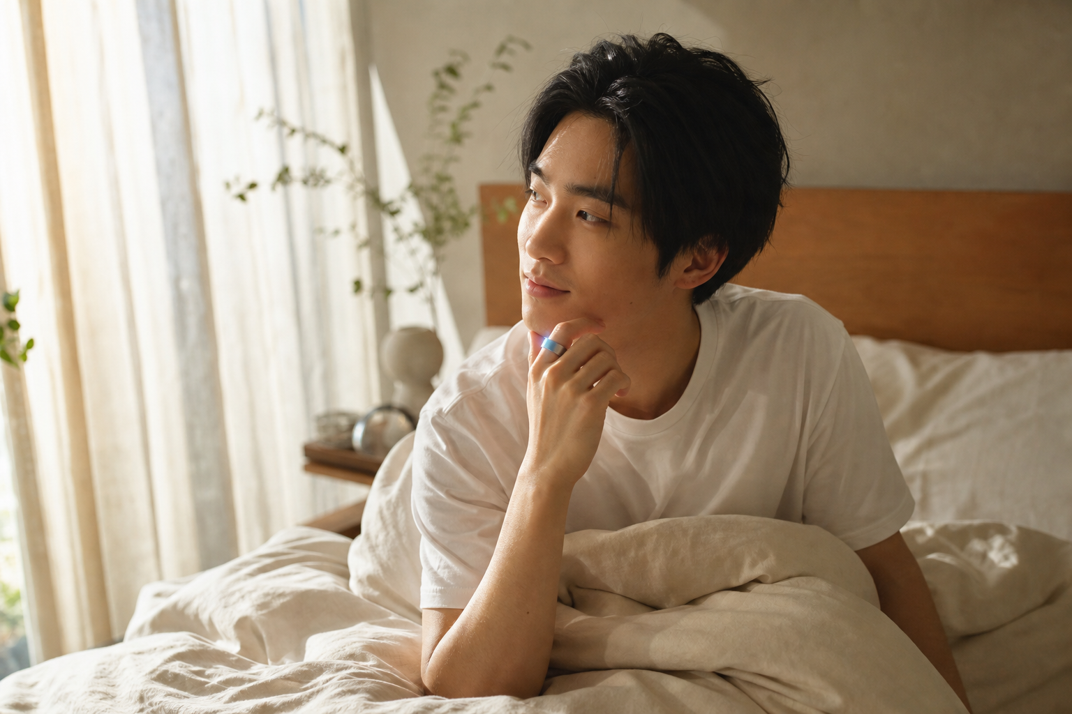 夏の朝、スマートリングを着けてすっきり目覚める人