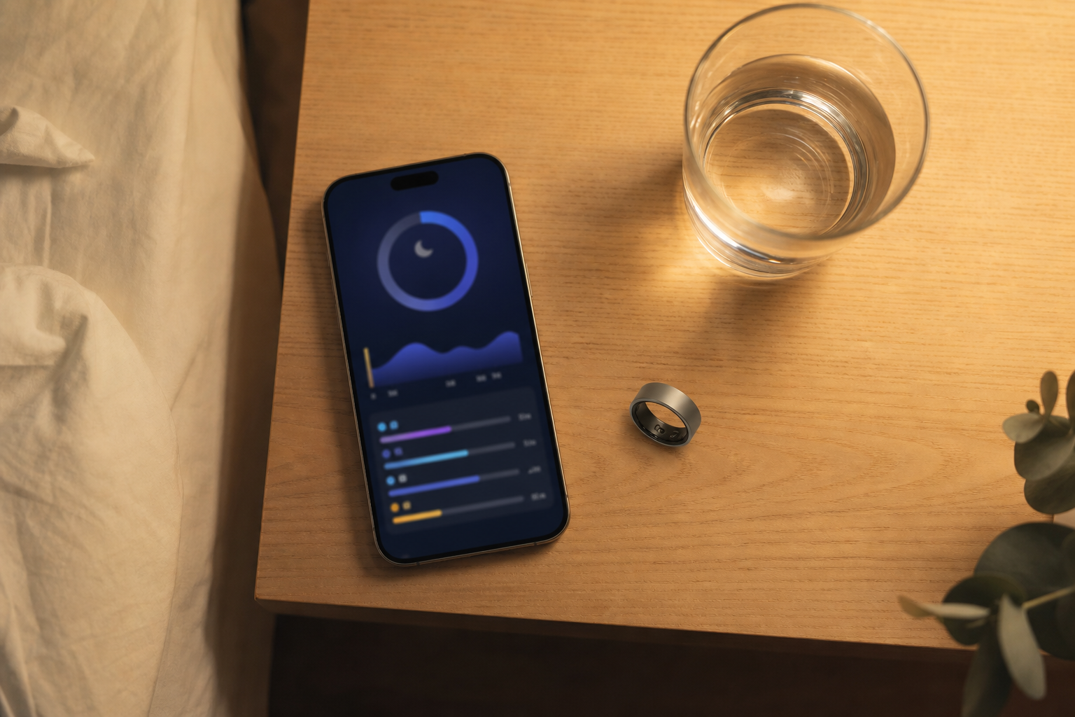 スマートリカバリーリングと睡眠スコアアプリの俯瞰フラットレイ