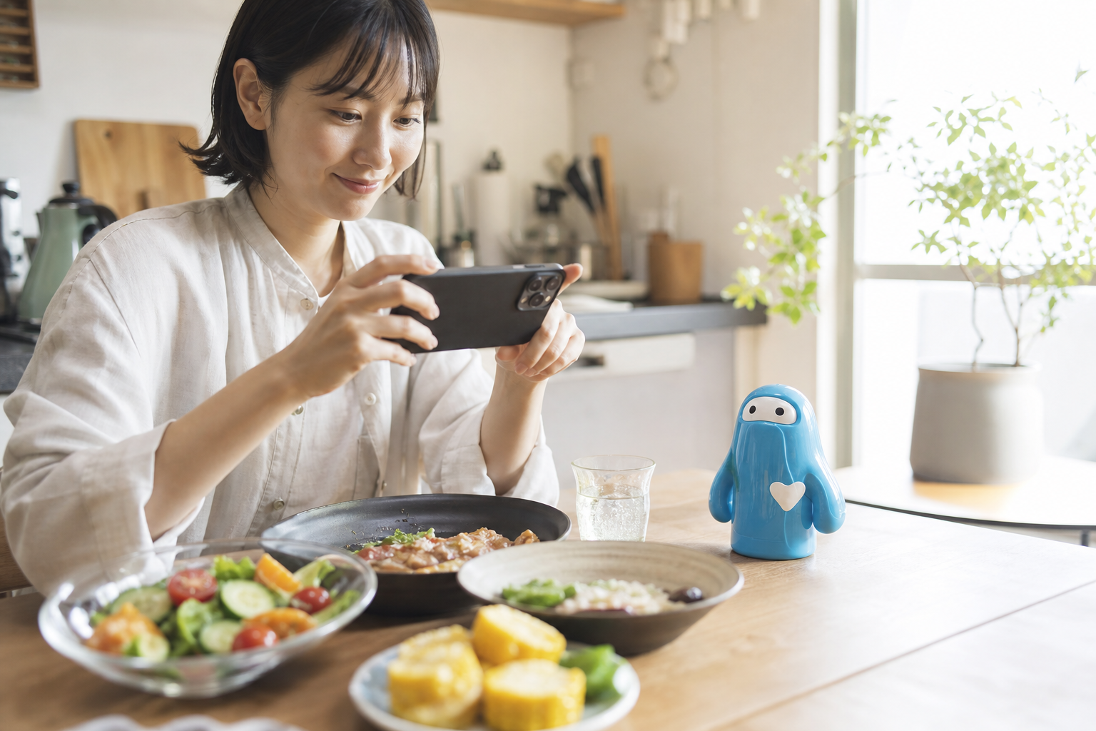 スマートフォンで夏の食事を撮影してAI栄養分析するシーン