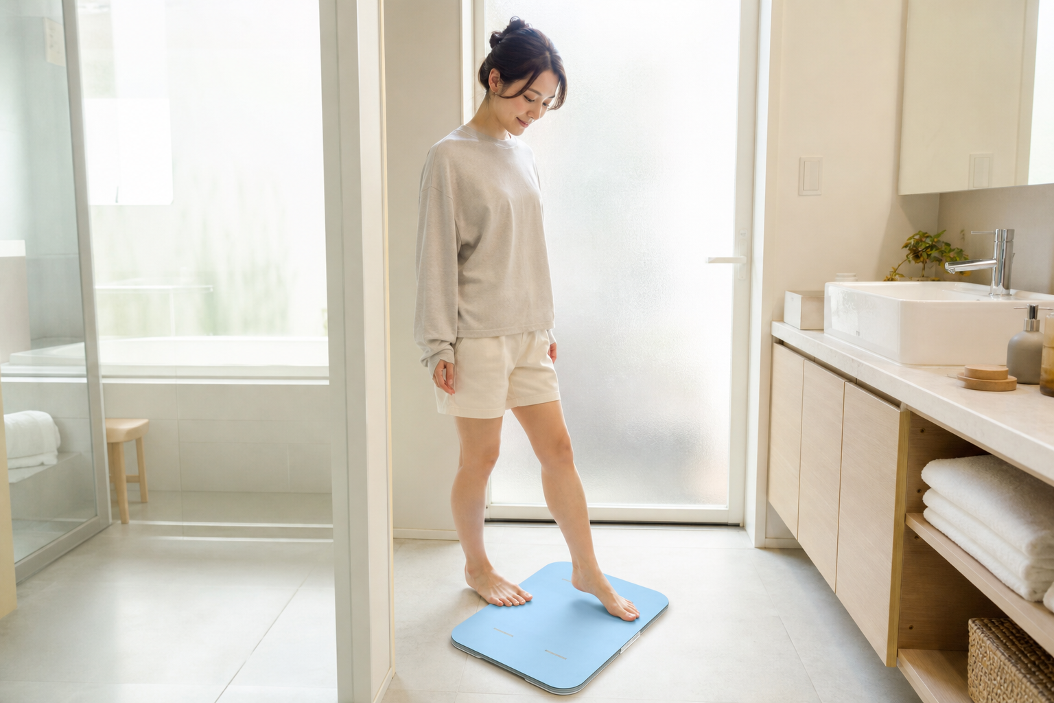 お風呂上がりにスマートバスマットに乗る人物・朝の清潔感ある洗面所