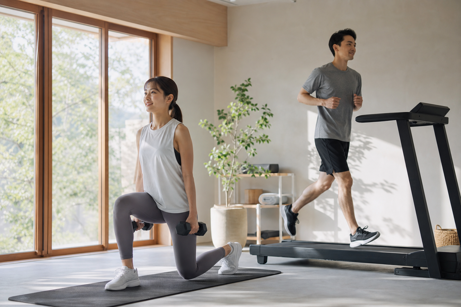 自宅で筋トレと有酸素運動を組み合わせてトレーニングするカップル