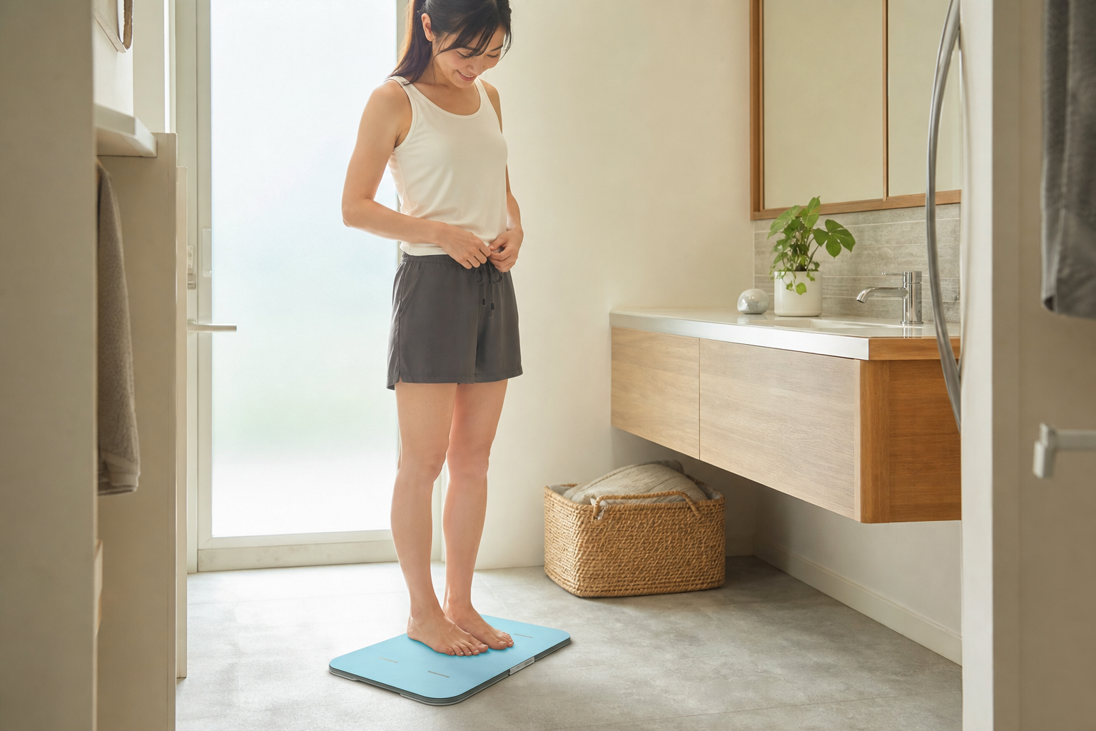 お風呂上がりにスマートバスマットで体組成を計測する朝の習慣
