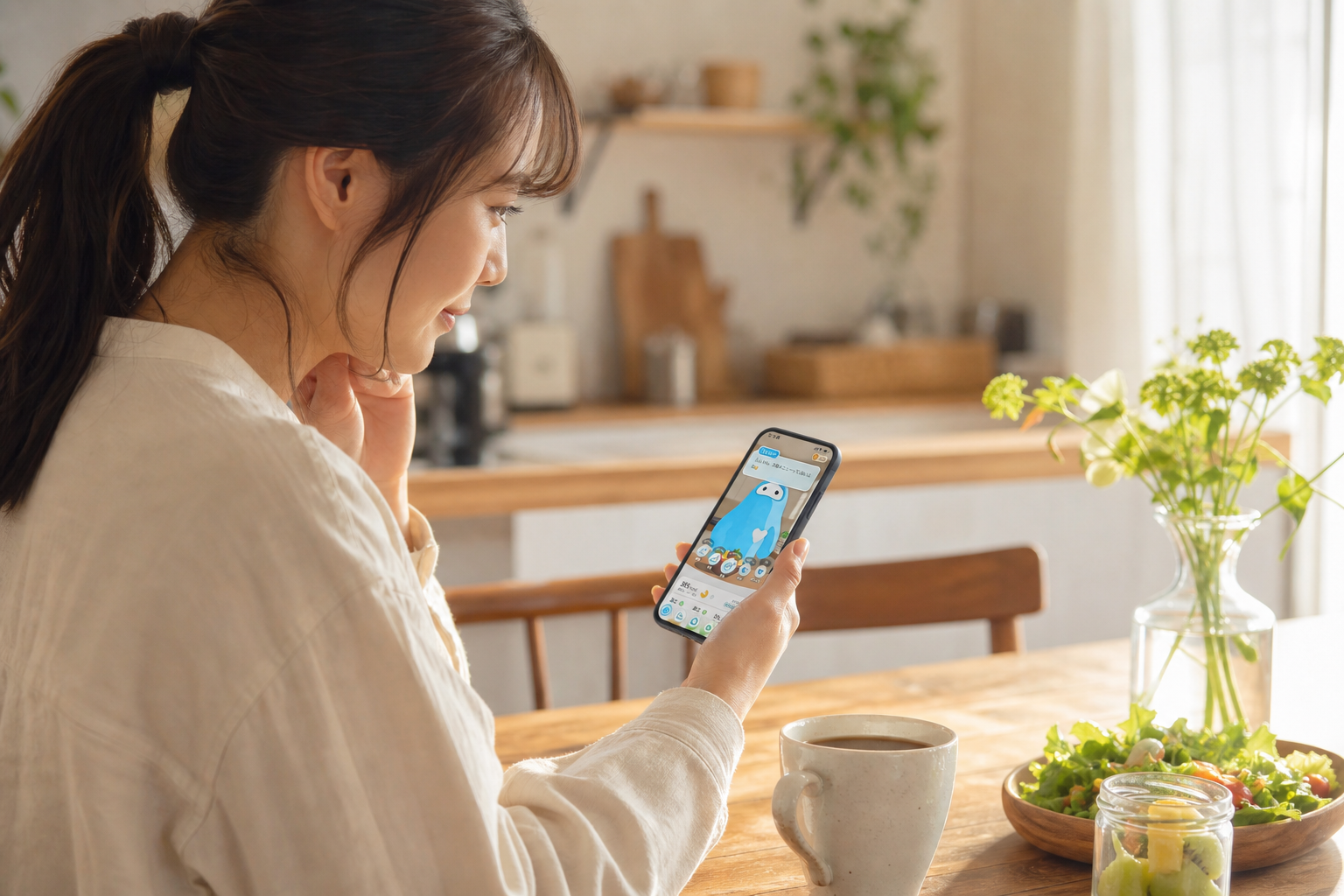 朝のキッチンでウェリーアプリの健康データを確認する人物