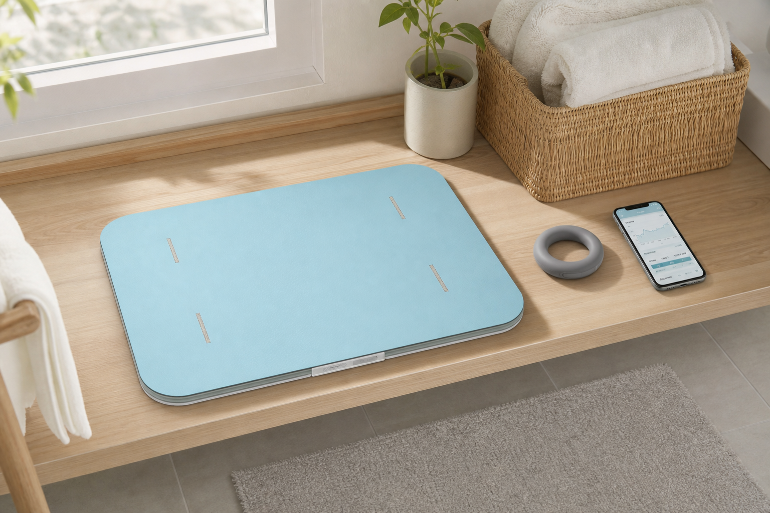 スマートバスマットとリカバリーリング、健康データの俯瞰フラットレイ