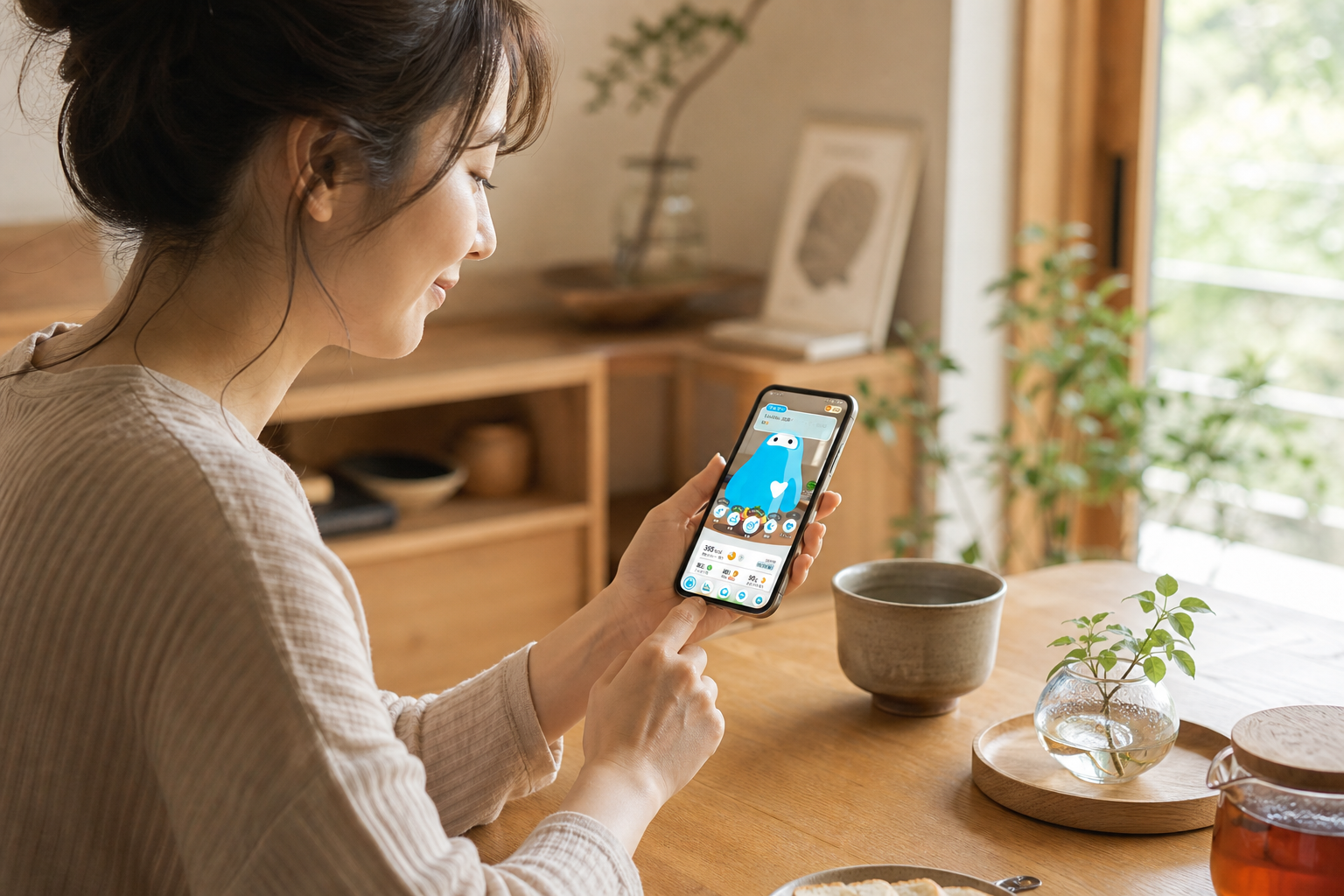 朝に健康データのトレンドをスマートフォンで確認している様子