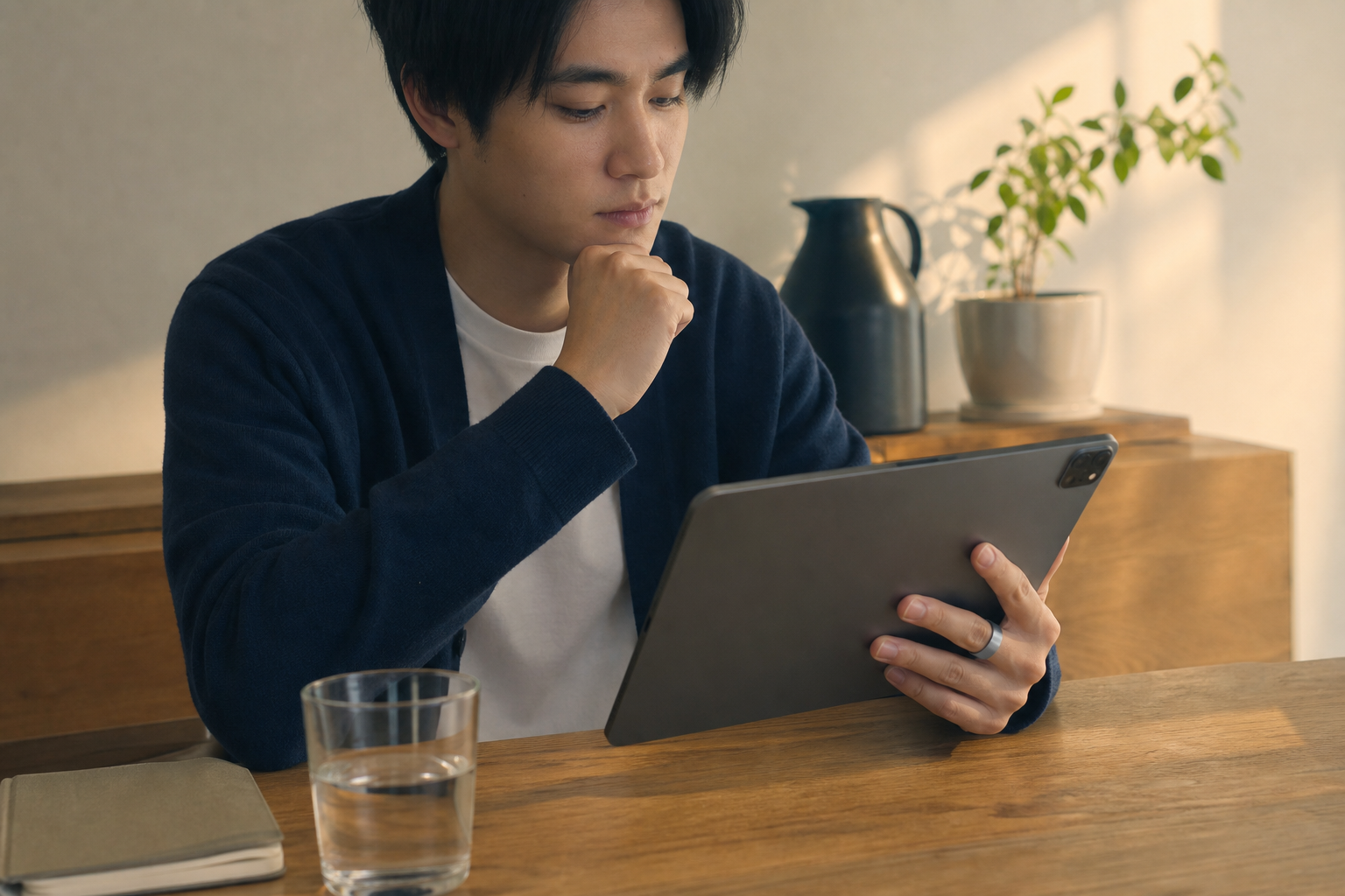 健康データをタブレットで確認する人とスマートリングの落ち着いた俯瞰シーン