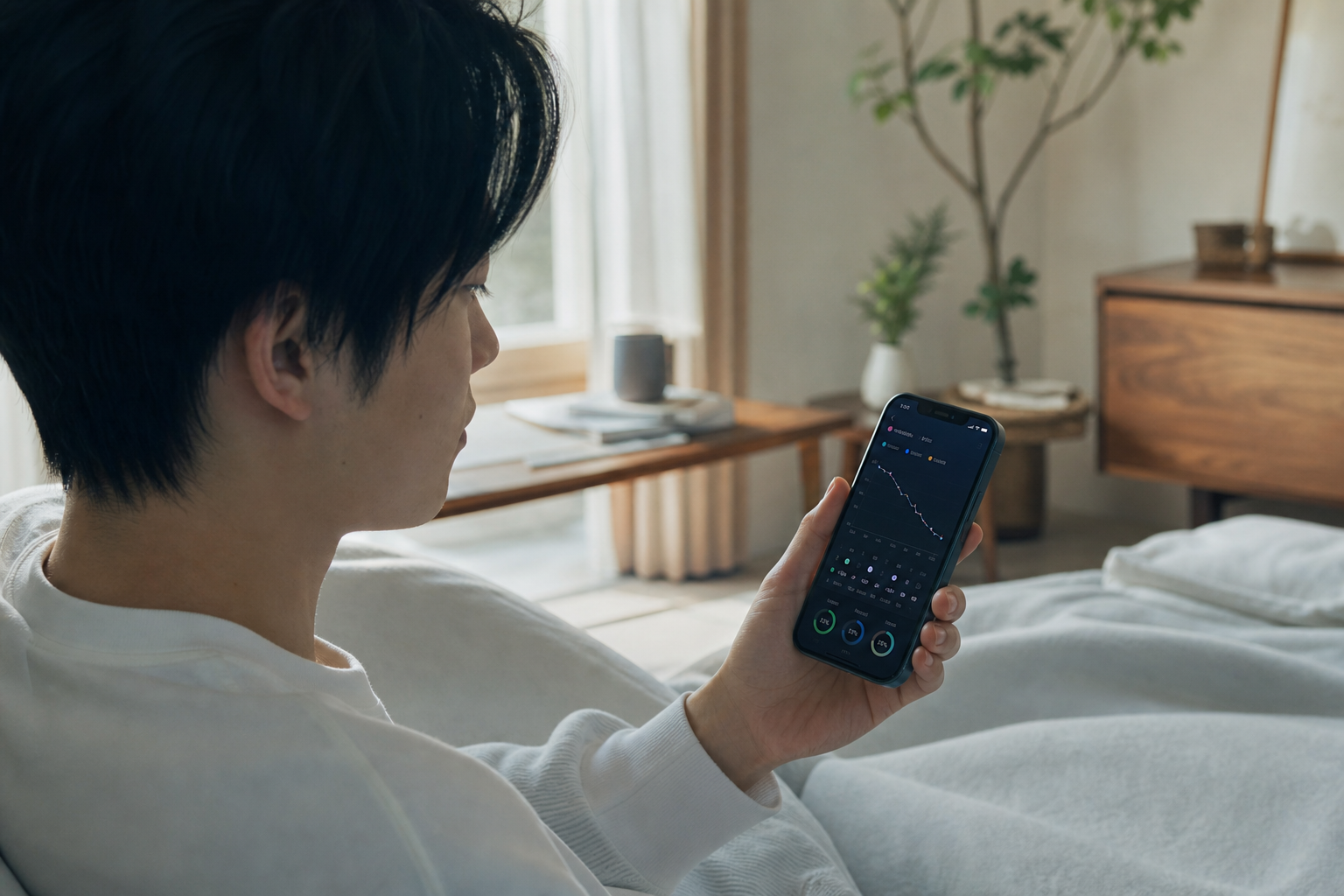 体脂肪率グラフと食事・睡眠データを表示するスマートフォン画面