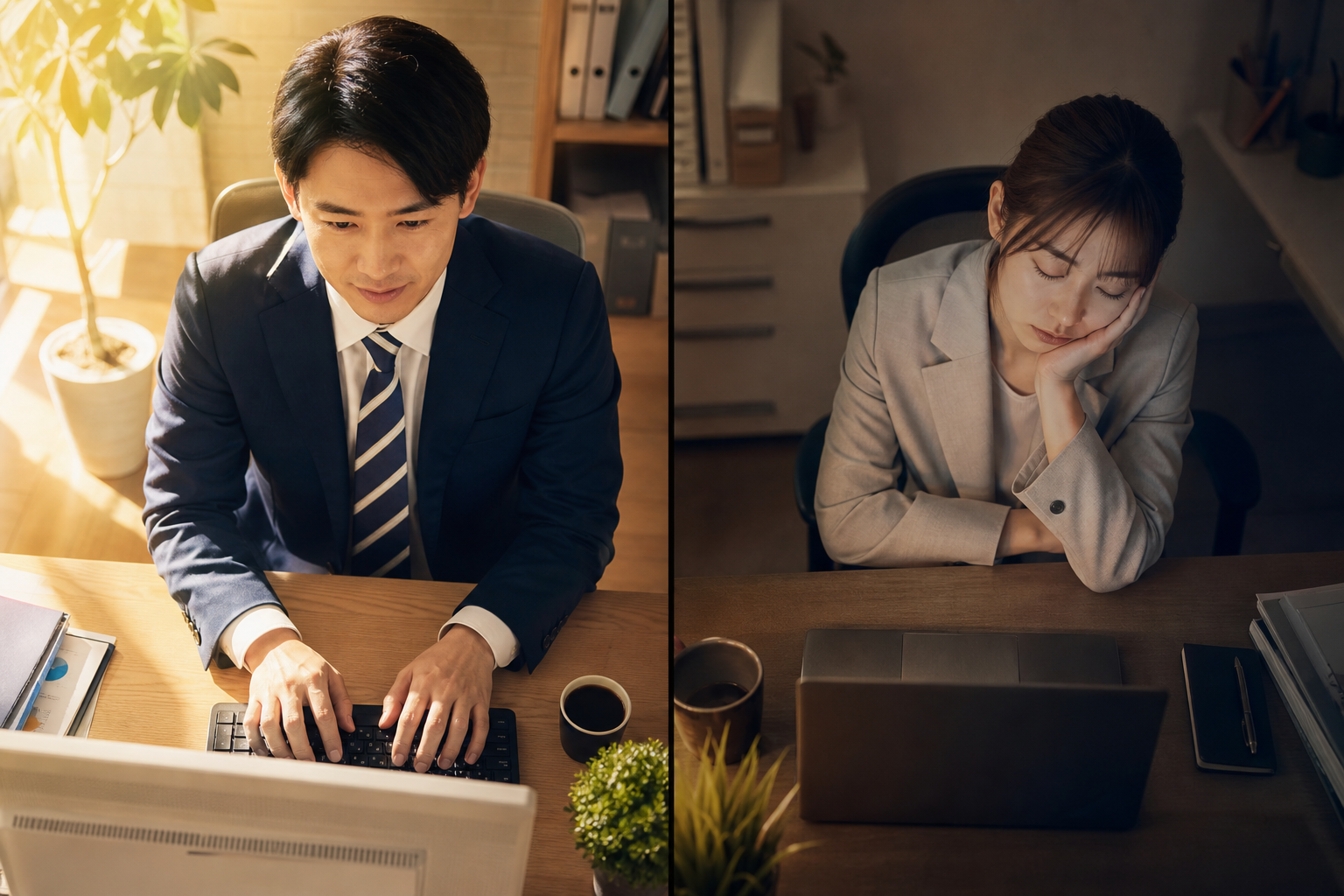 朝型と夜型、それぞれの集中の山を示すオフィスシーン