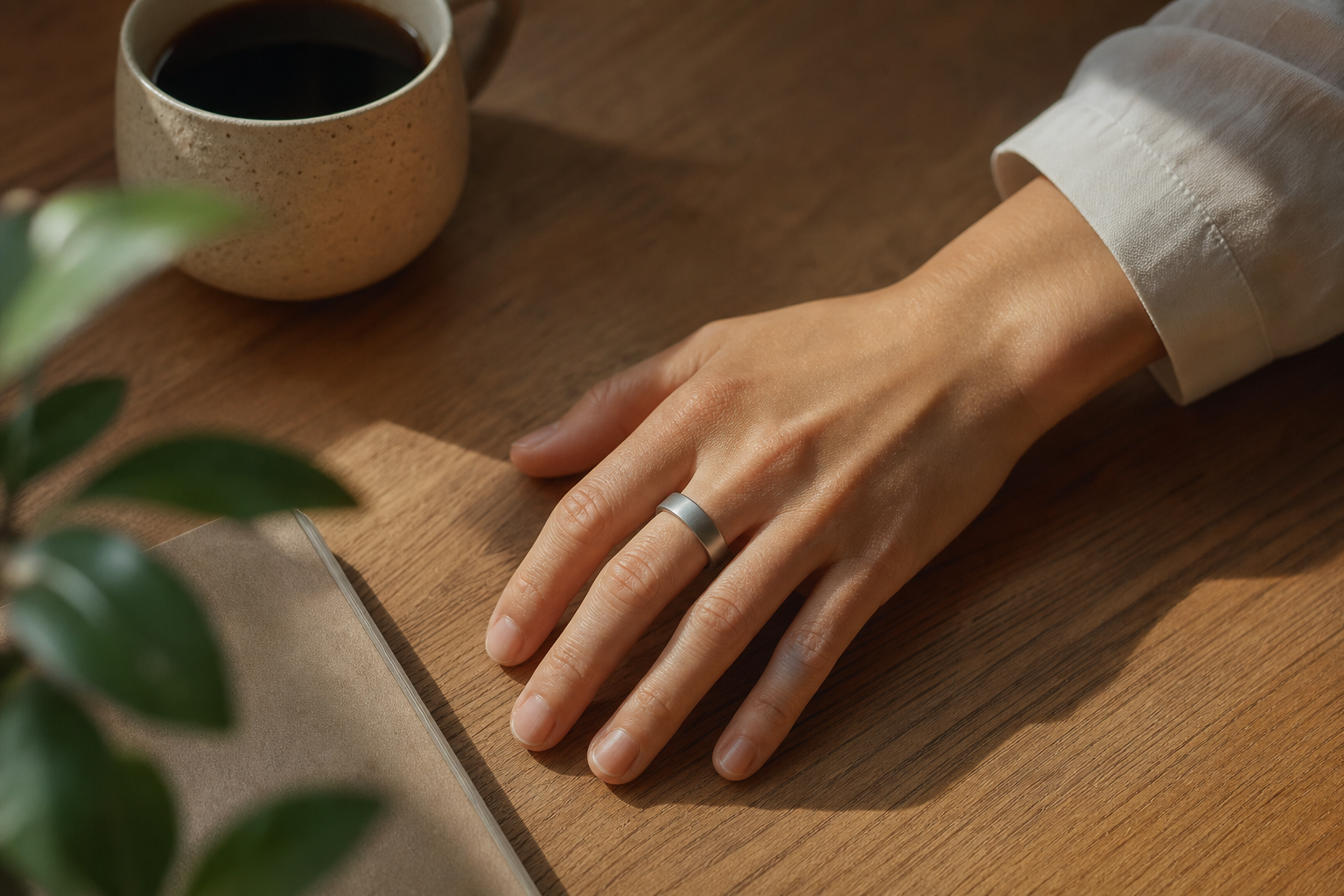 スマートリカバリーリングを着けた手元と朝のデスク