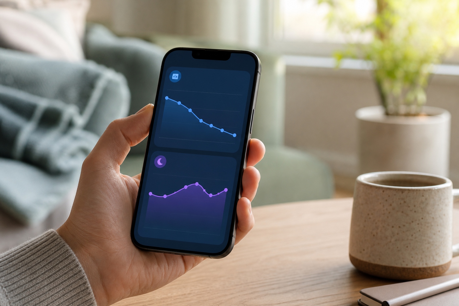 体重と睡眠スコアのトレンドグラフを表示したスマートフォン画面のクローズアップ