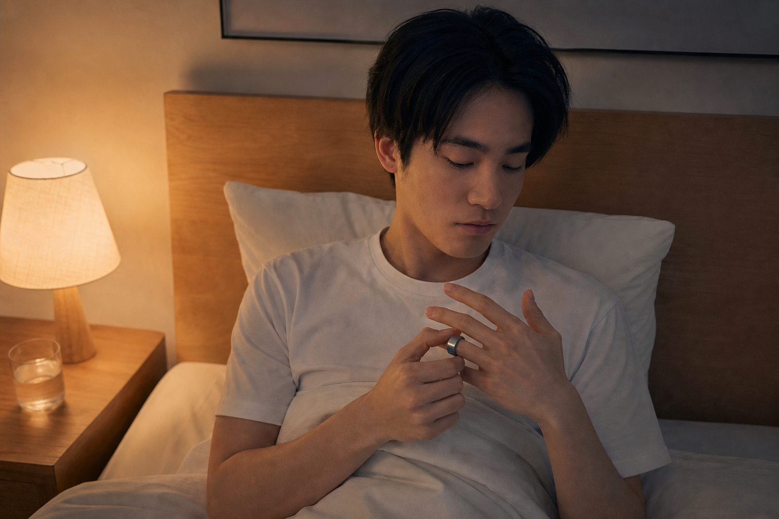 就寝前にスマートリングを装着する人物の手元クローズアップ