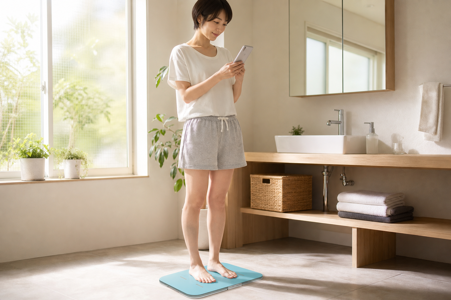 洗面所でスマートフォンの健康データを確認する人物と朝の光