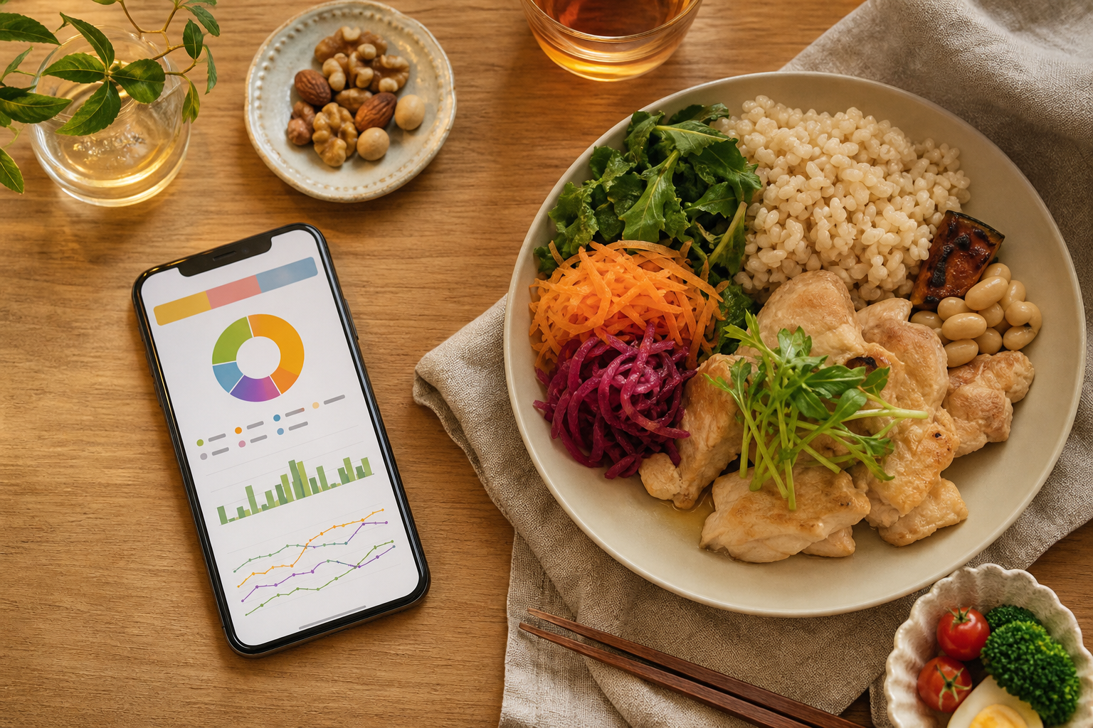 食事データと栄養グラフが表示されたスマートフォンと健康的な食事の俯瞰
