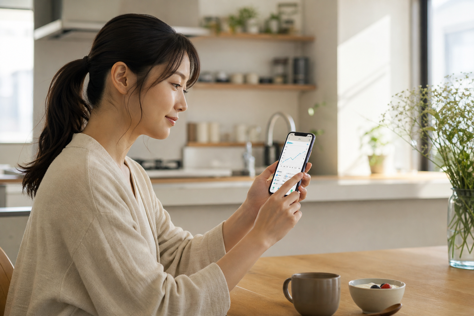 朝のキッチンでスマートフォンの体組成グラフを確認する人