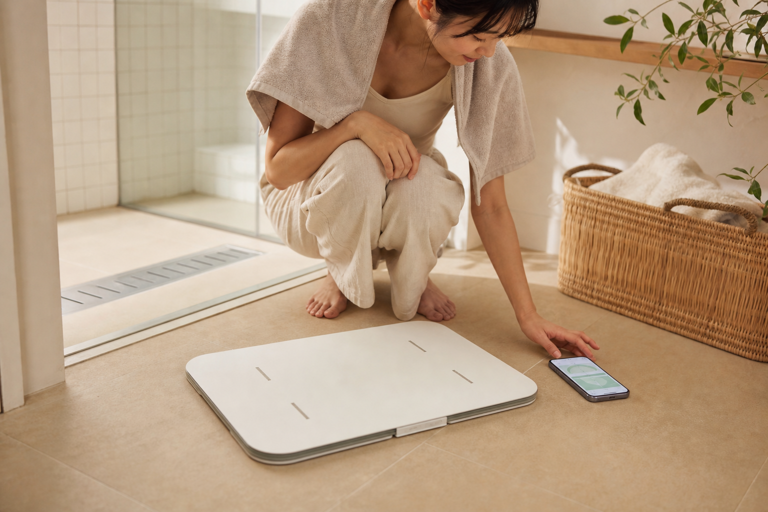 洗面所に置かれたスマートバスマットとそばに置かれた健康データ表示のスマートフォン