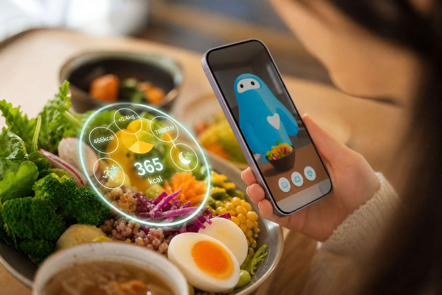 スマートフォンで食事写真を撮りAI解析するイメージ