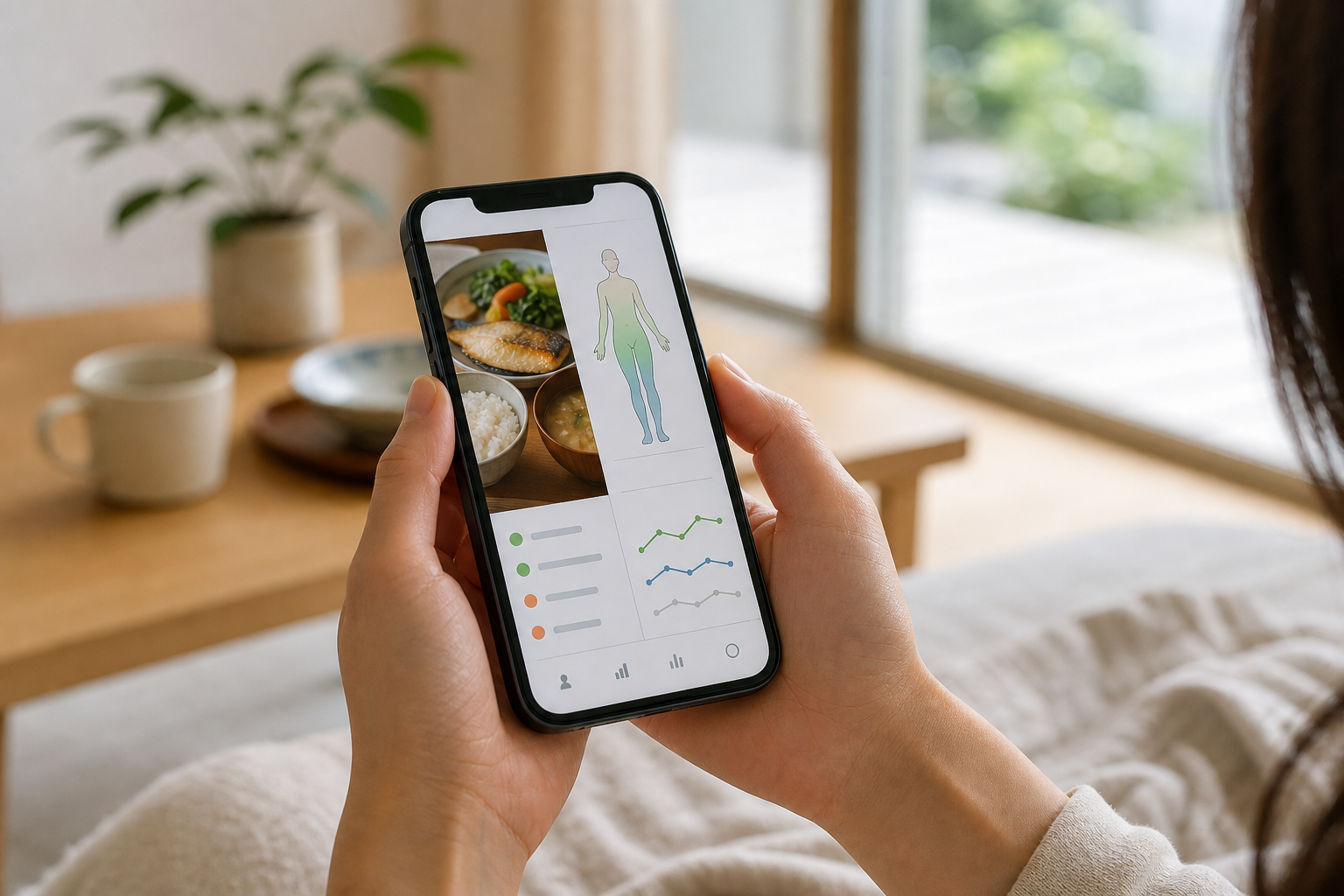ウェリーアプリで食事記録と体組成データを確認するスマートフォン画面