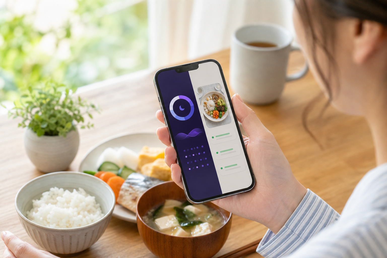 ウェリーアプリの睡眠スコアと食事提案画面とスマートリング
