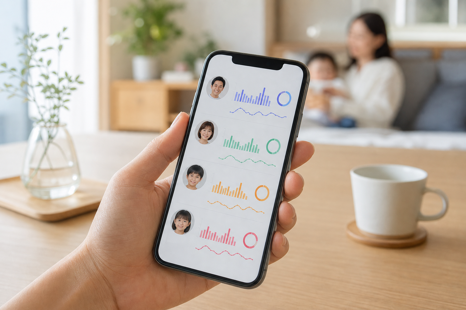 家族全員の健康データをアプリで個別管理するイメージ