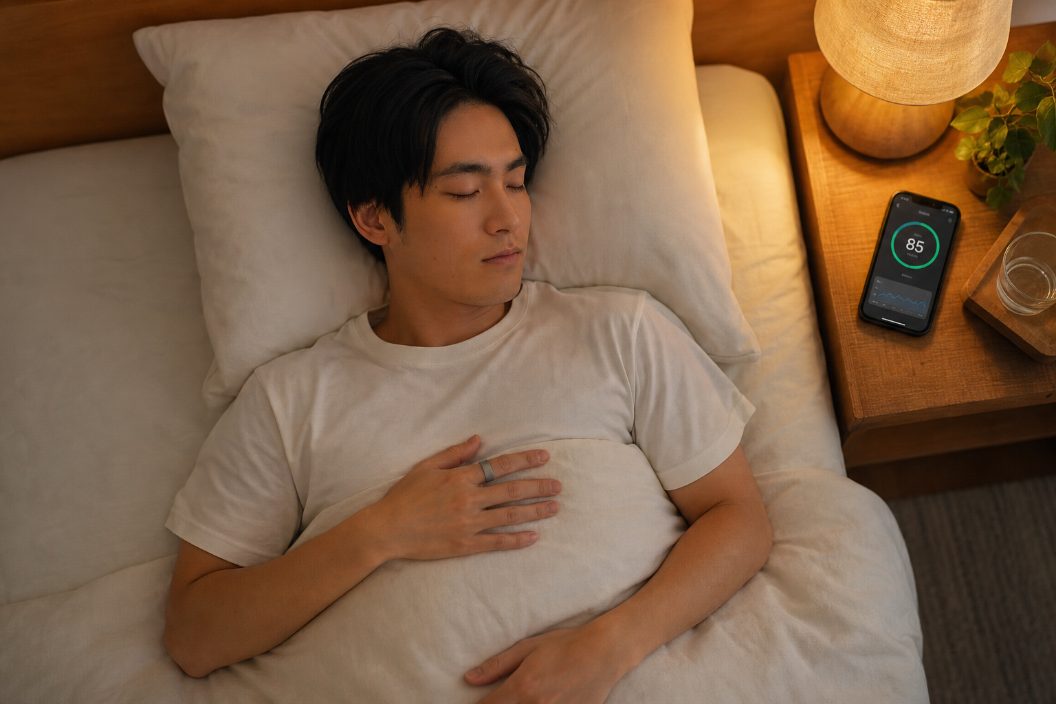 スマートリカバリーリングで睡眠をモニタリングするシーン