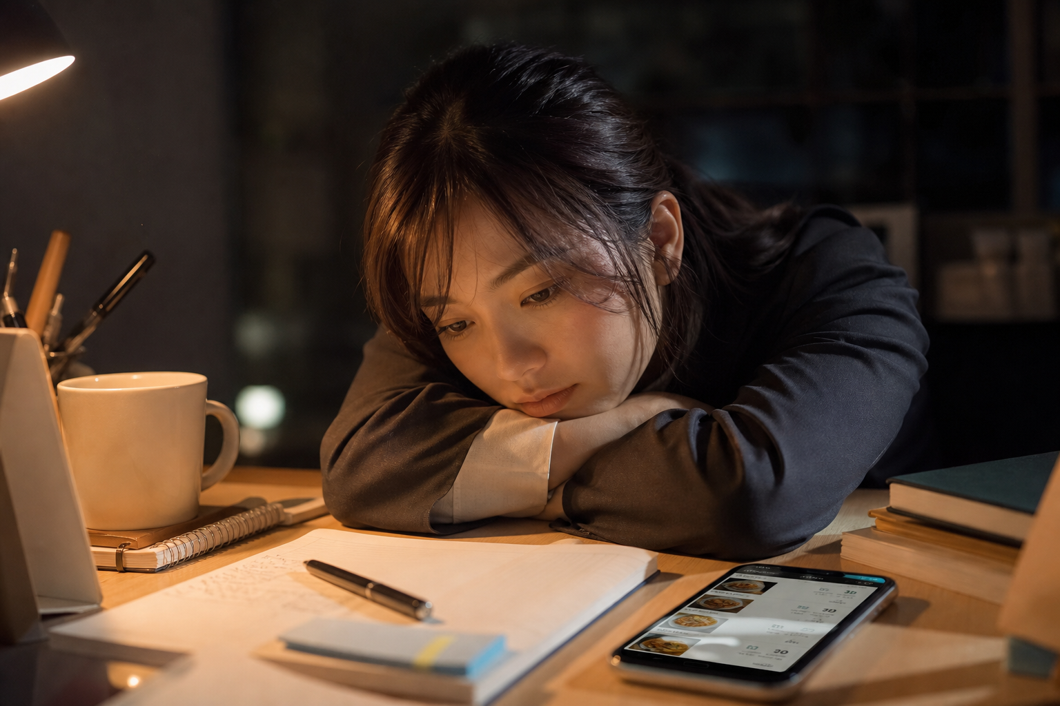 深夜に食事記録を見つめる疲れた会社員