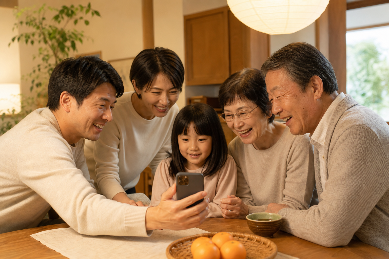 家族3世代でスマートバスマットのアプリを見ている温かな情景