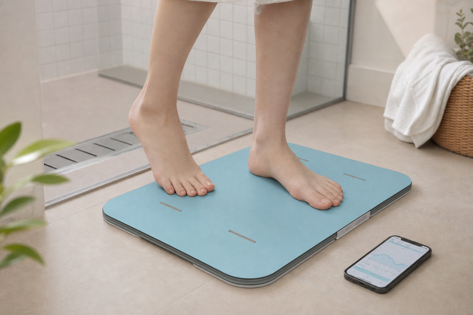 スマートバスマットに乗る足元とアプリ画面