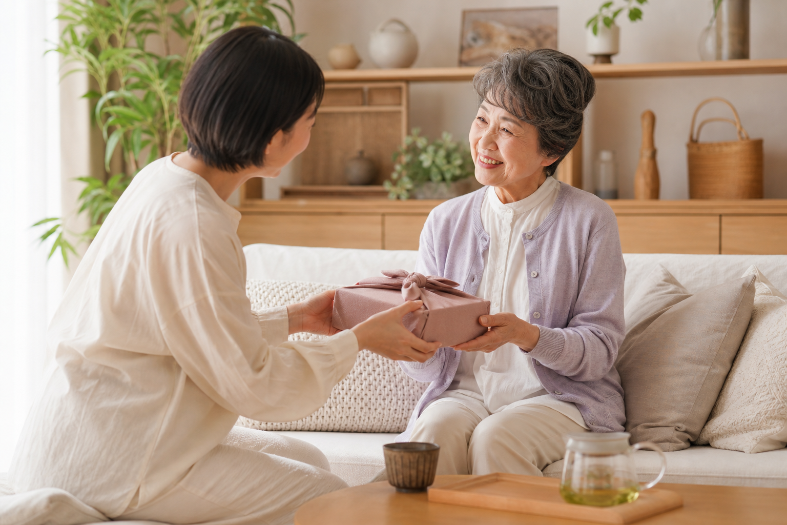 子どもから親へプレゼントを手渡す温かな場面