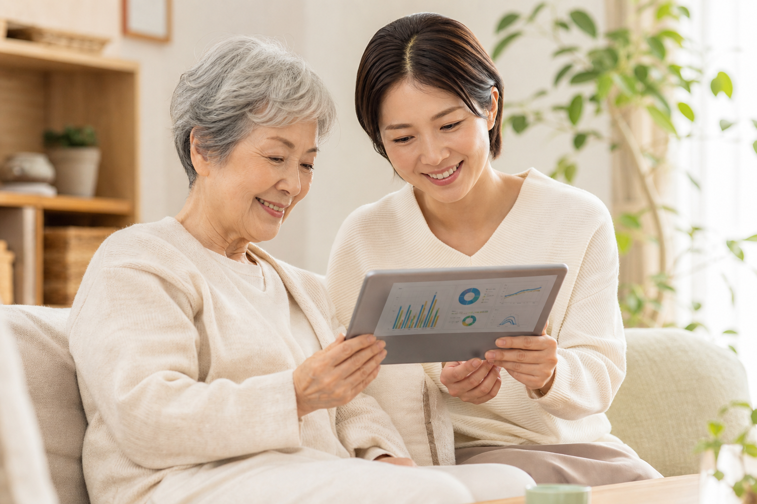 家族でアプリの健康データを確認する様子