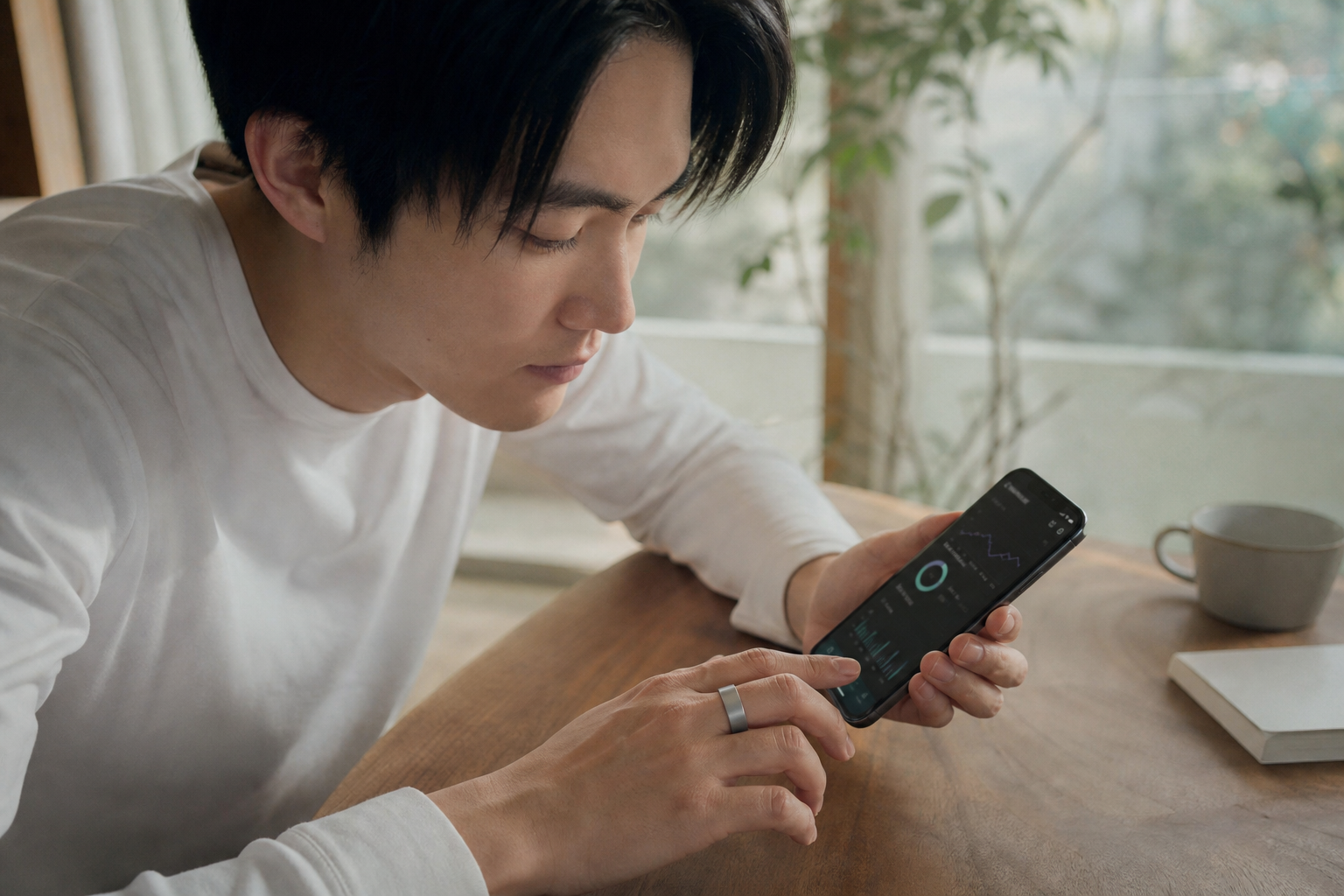スマートリングとスマートフォンで健康データを確認する手元