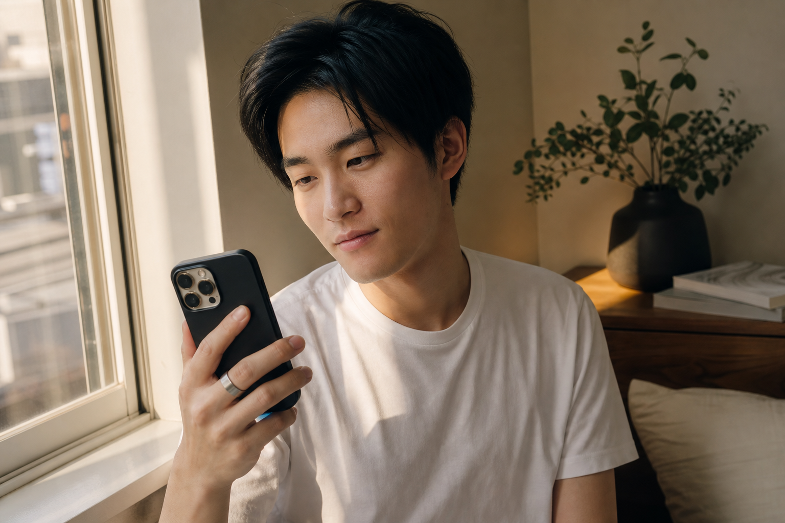朝の光の中でリカバリースコアを確認する人