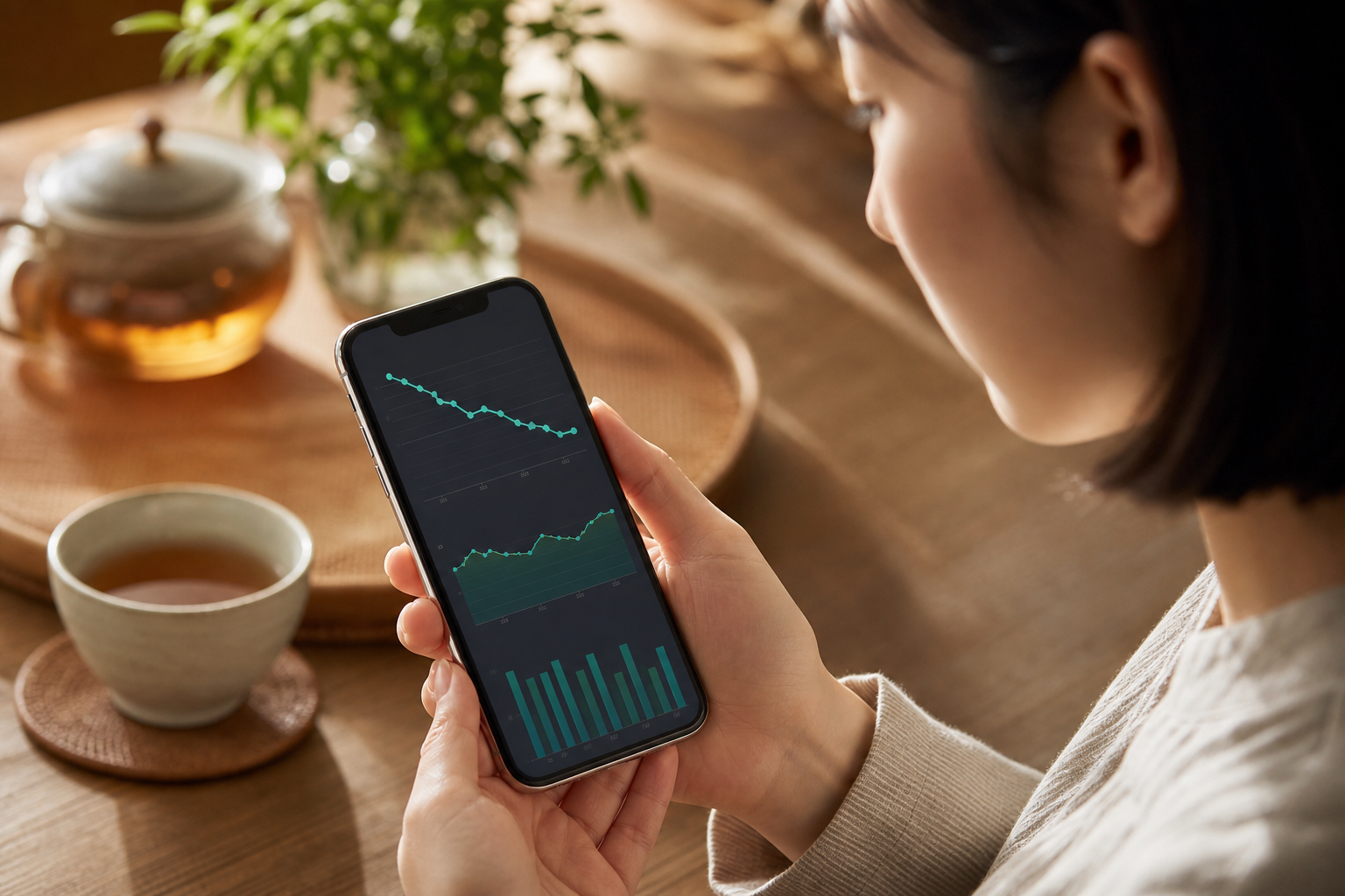 体脂肪率の推移グラフを確認するスマートフォン画面