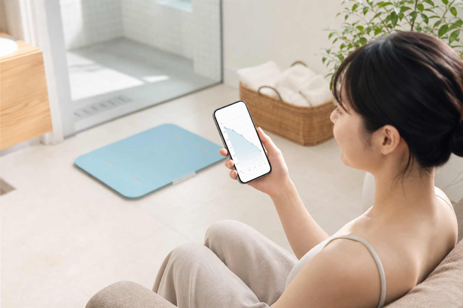 ウェリーアプリの体重グラフを確認するスマートフォン画面