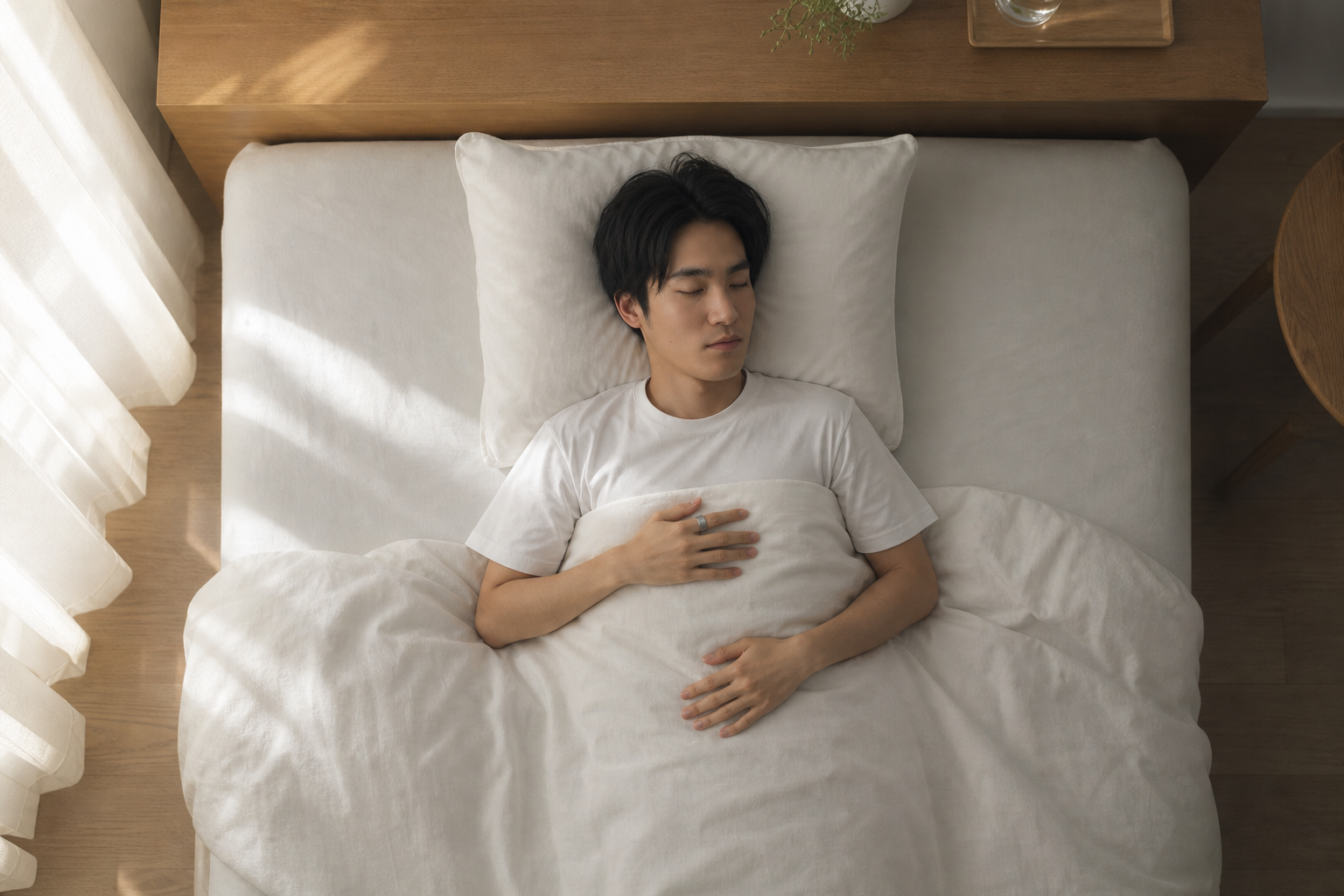 睡眠中にスマートリングを装着した人物の俯瞰イメージ