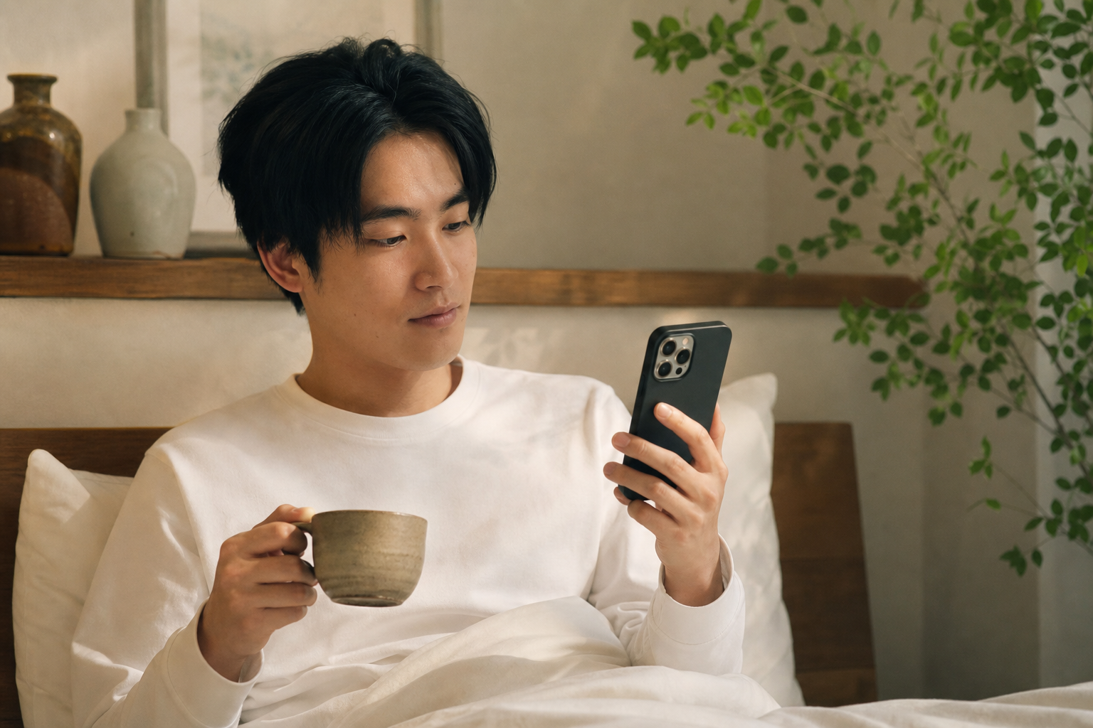 朝にスマートフォンで睡眠データを確認する人物のイメージ