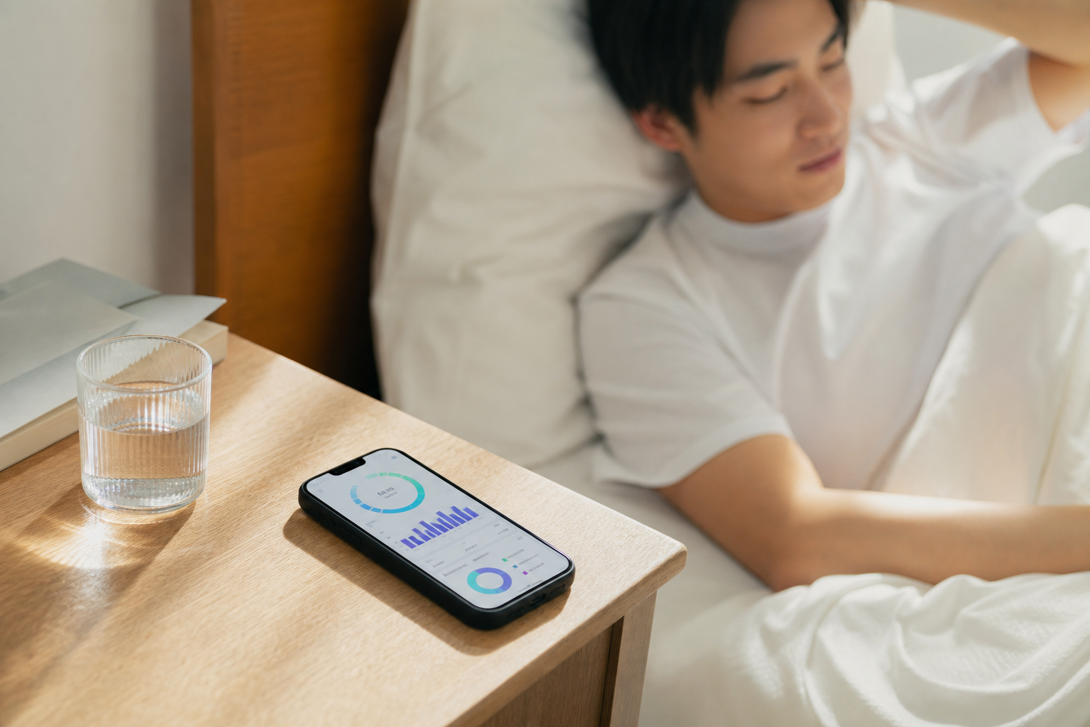 睡眠スコアのアプリ画面・朝のベッドサイド