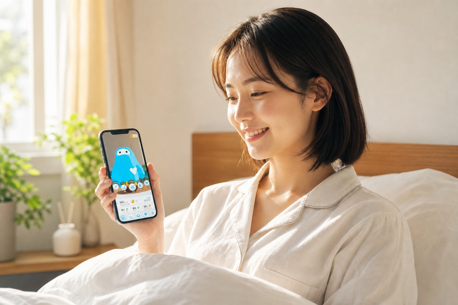 朝日の中でスマホの睡眠データを確認してすっきり目覚めた人
