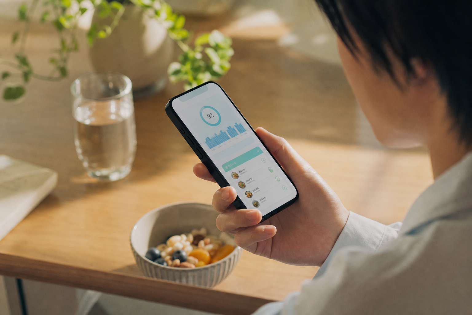 朝の光の中でスマホの睡眠スコアと食事記録を確認する手元