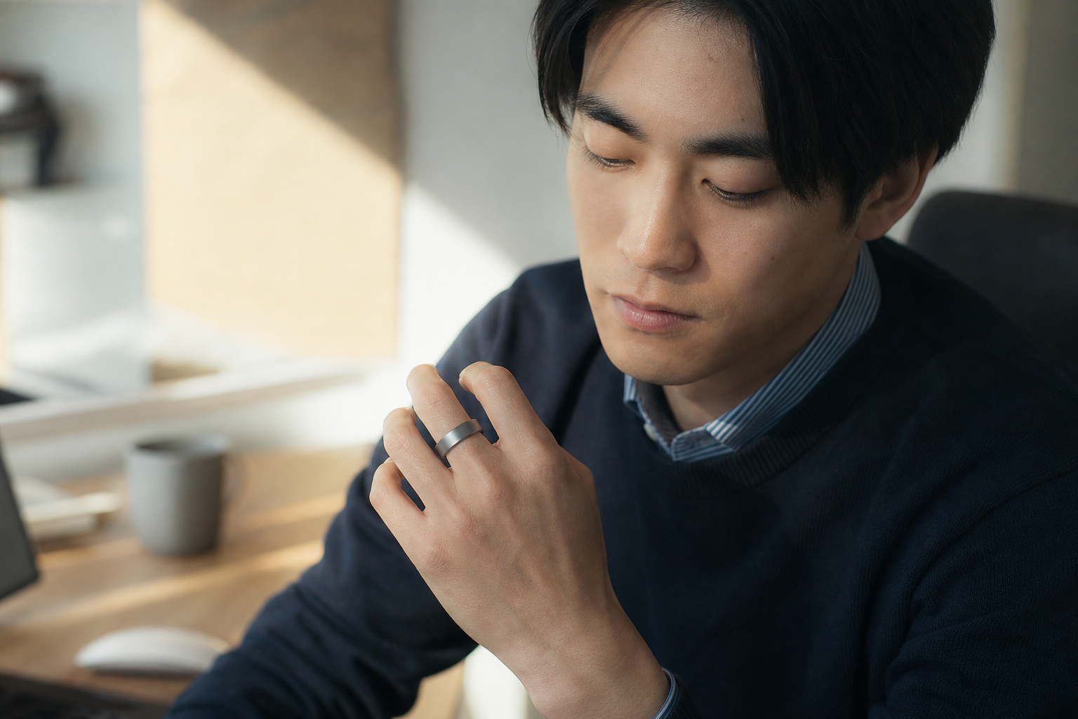 朝の光の中でスマートリングを確認するビジネスパーソン