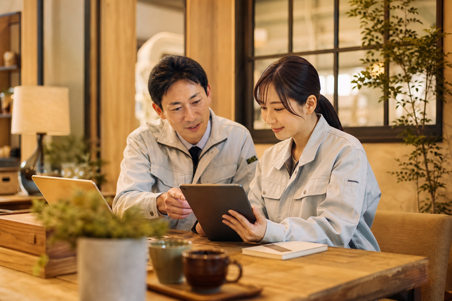 製造業の工場事務所で多言語対応の健康管理クラウドをタブレットで操作する人事スタッフ