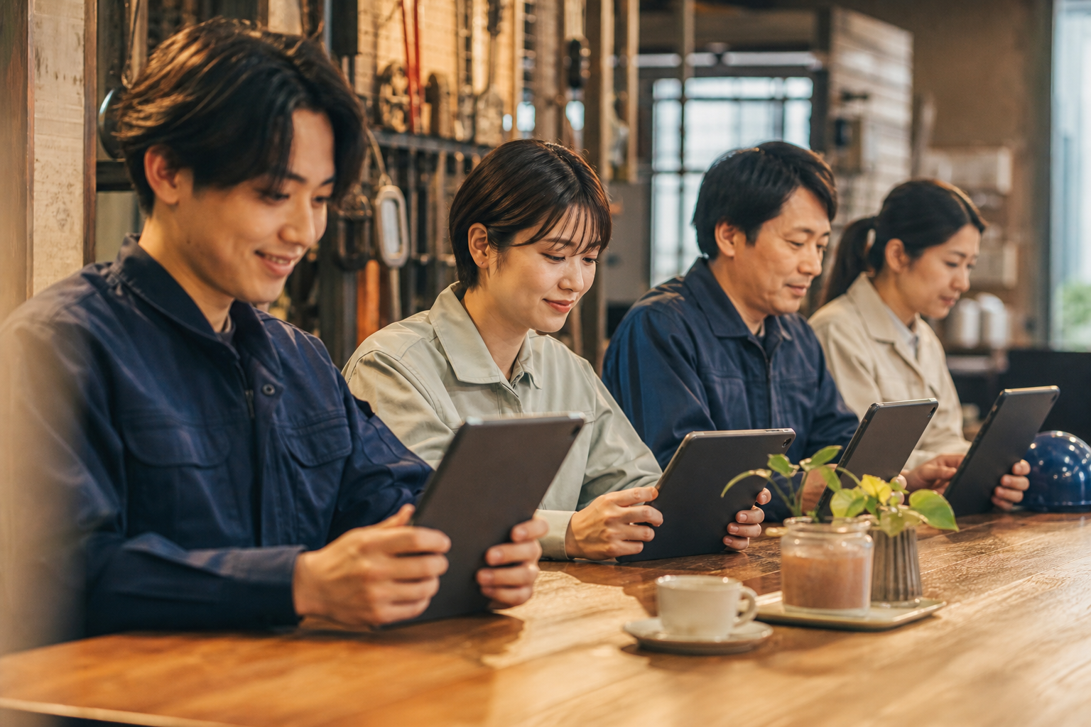 多国籍の従業員がタブレットでストレスチェックに回答している工場の場面