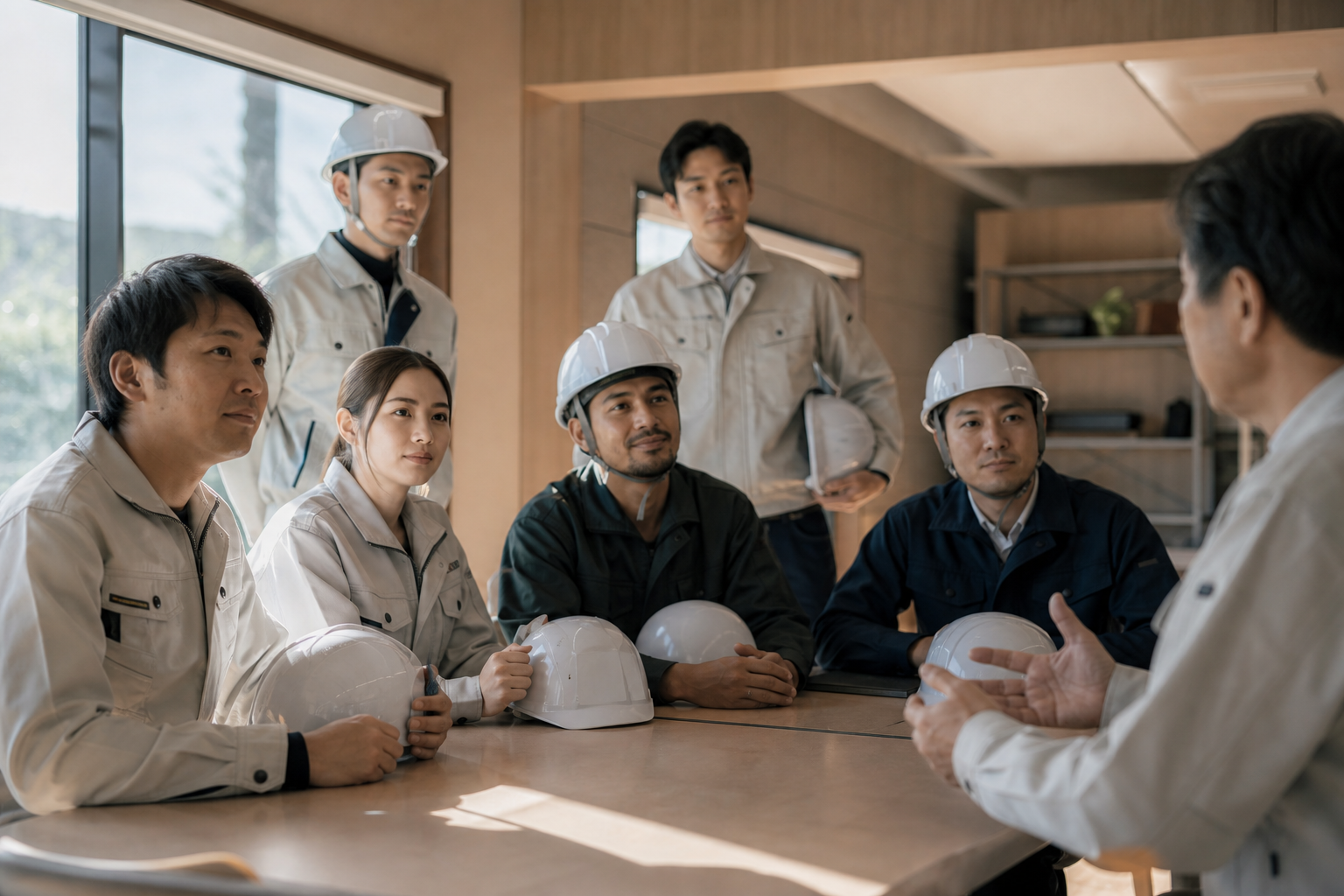 外国人を含む建設作業員が現場事務所でミーティングをしている場面