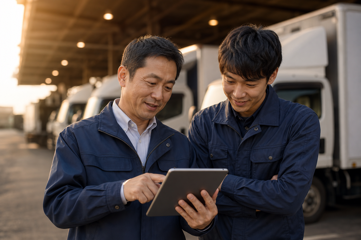 物流会社の営業所でフリートマネージャーと運転手が睡眠データをタブレットで確認している様子