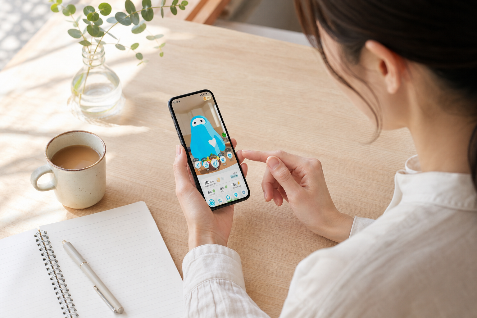 朝の光の中でスマートフォンの健康データを確認する人物の情景