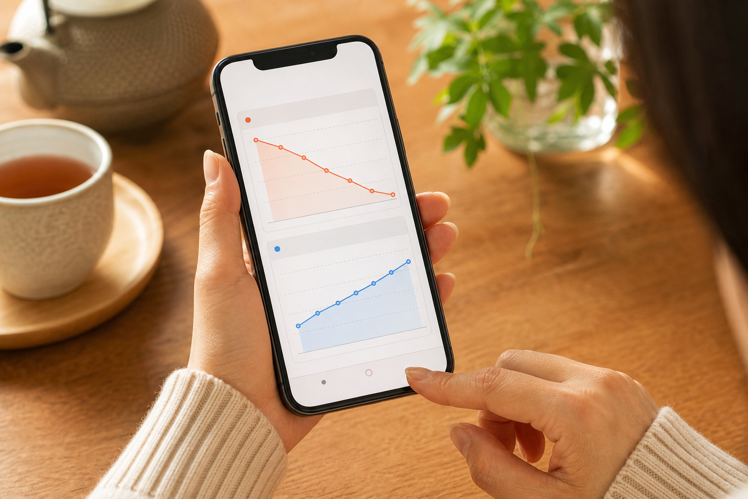 体脂肪率と筋肉量のトレンドグラフを表示するスマートフォン画面
