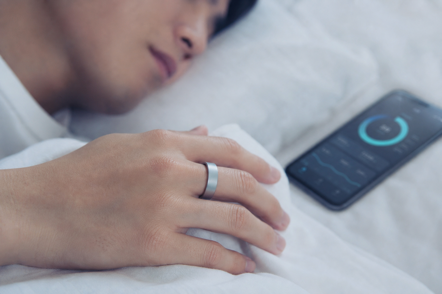 スマートリカバリーリングで睡眠スコアを確認するシーン