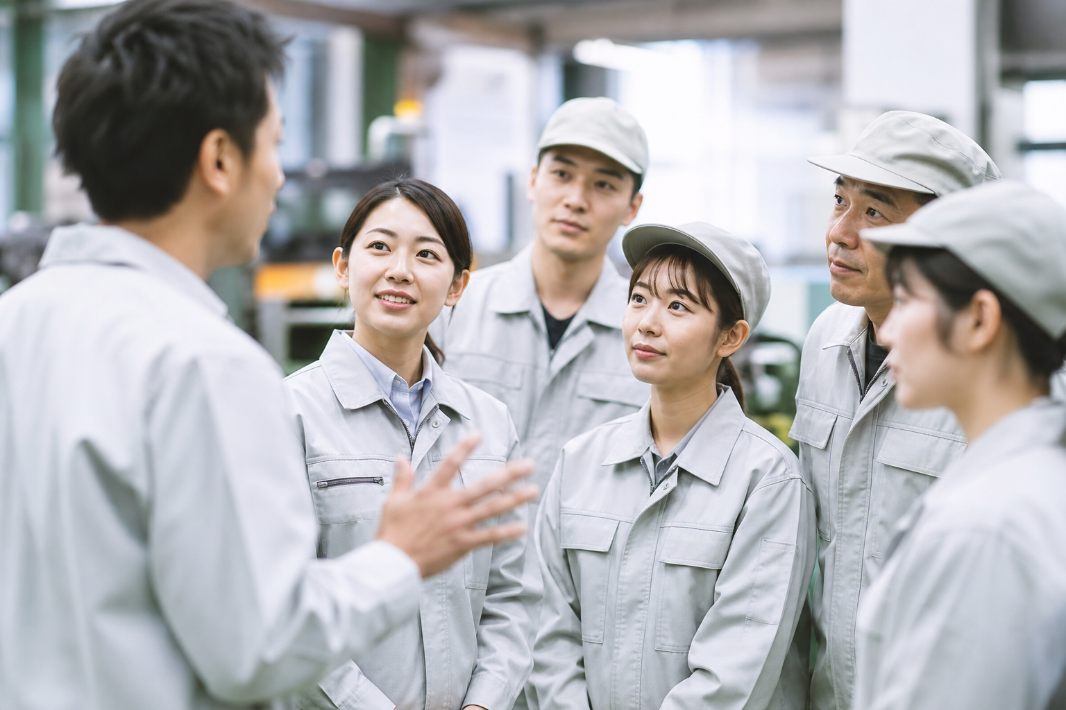 製造現場で多国籍のチームがミーティングをしている様子