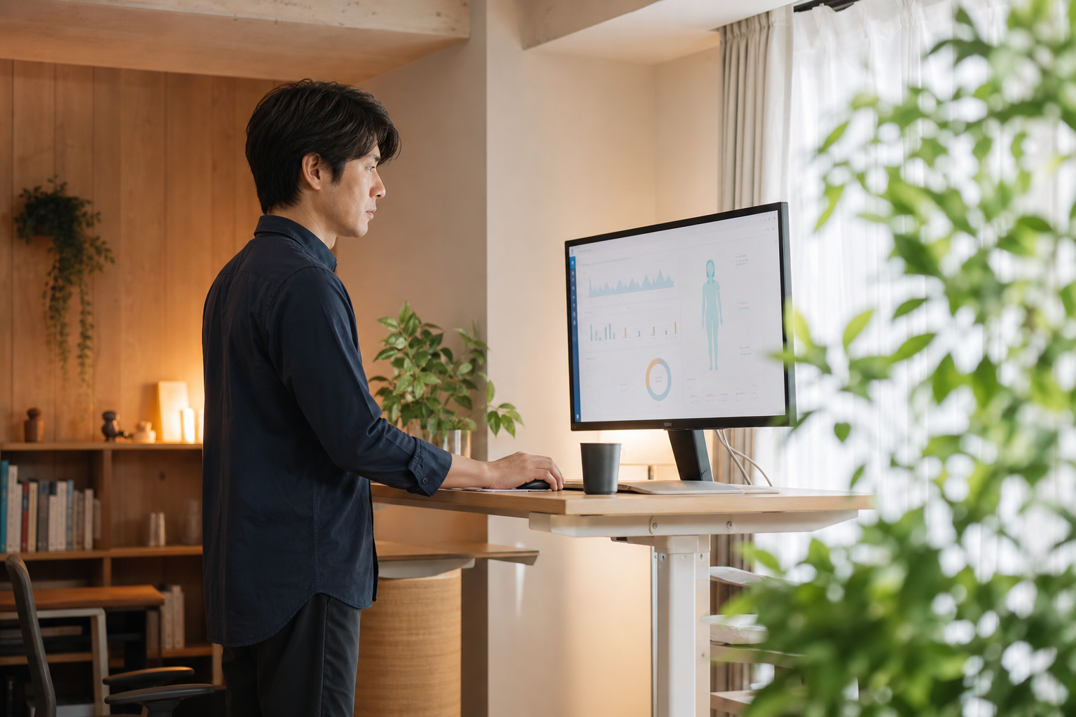オフィスで健康分析データを確認している日本人社員