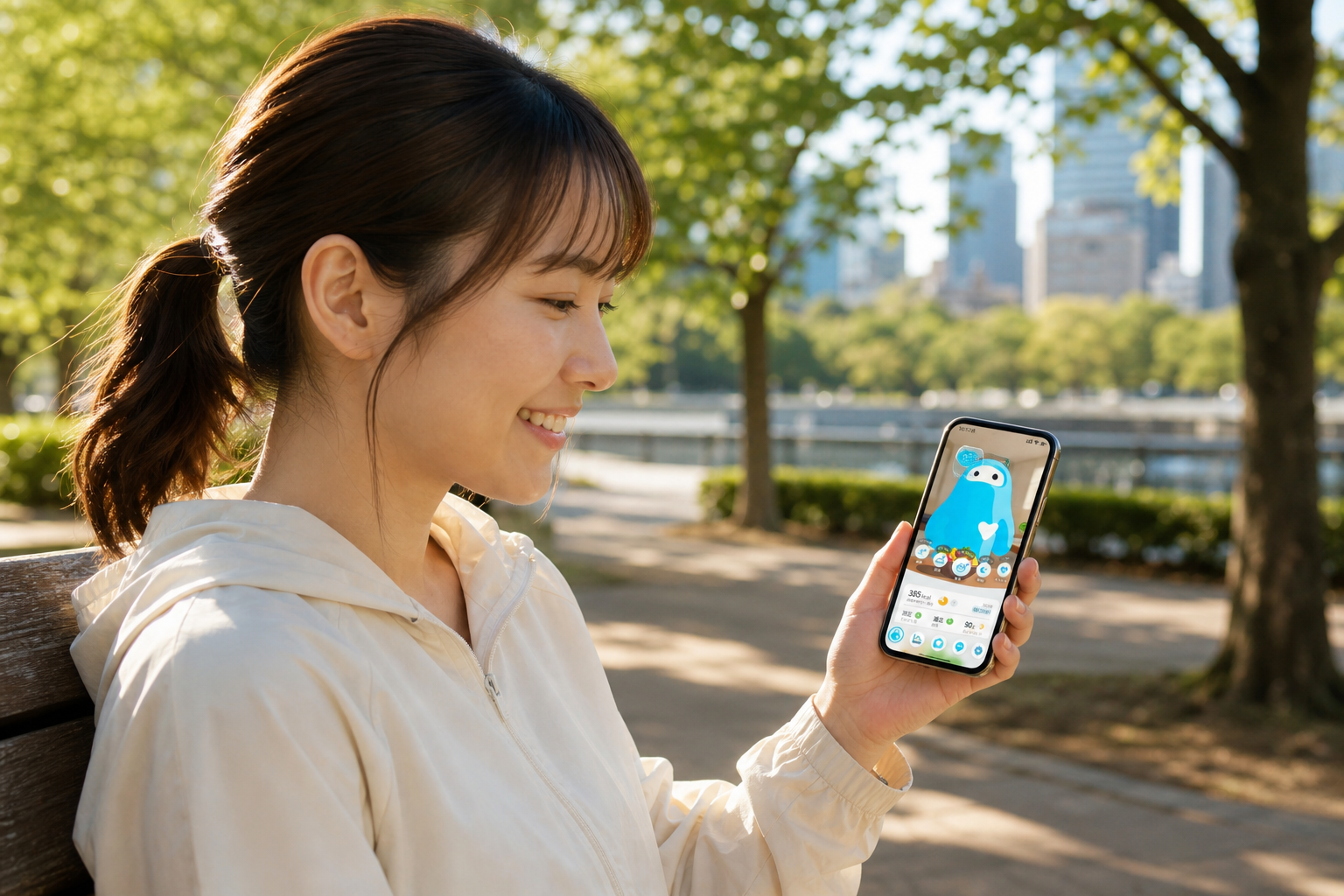 朝のジョギング後にスマートフォンで運動記録を確認する人物