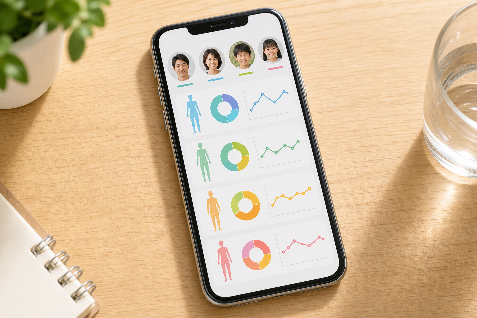 家族の体組成データを一覧表示するスマートフォン画面のクローズアップ